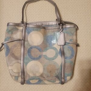 Coach Circle Signature Tote in Light Blue, Silver and Cream